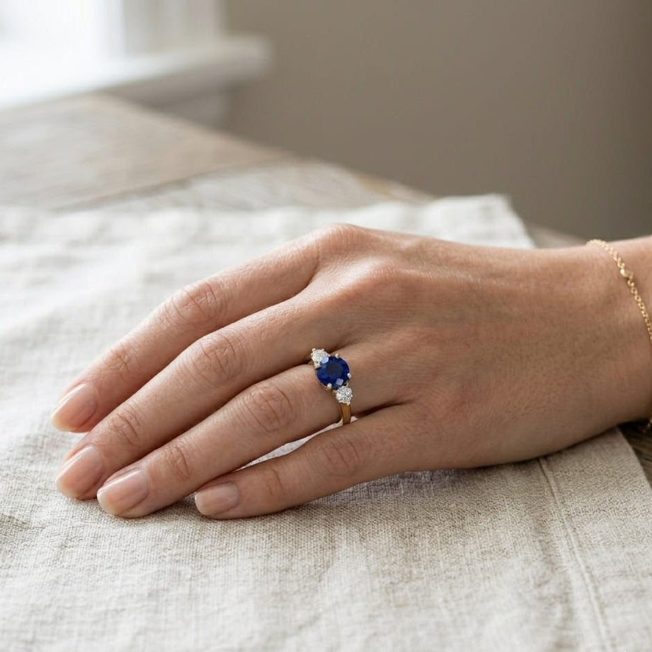 Round Blue Sapphire Three Stone Ring in 10K/14K gold and platinum with certified lab-grown or natural diamonds