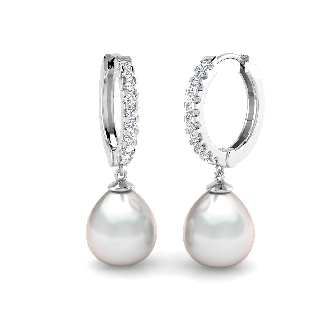 Pearl Diamond Hoop Drop Earrings - Elegant Luxury Jewelry - UK Made in 10K/14K gold and platinum with certified lab-grown or natural diamonds