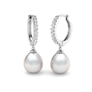 Pearl Diamond Hoop Drop Earrings - Elegant Luxury Jewelry - UK Made in 10K/14K gold and platinum with certified lab-grown or natural diamonds