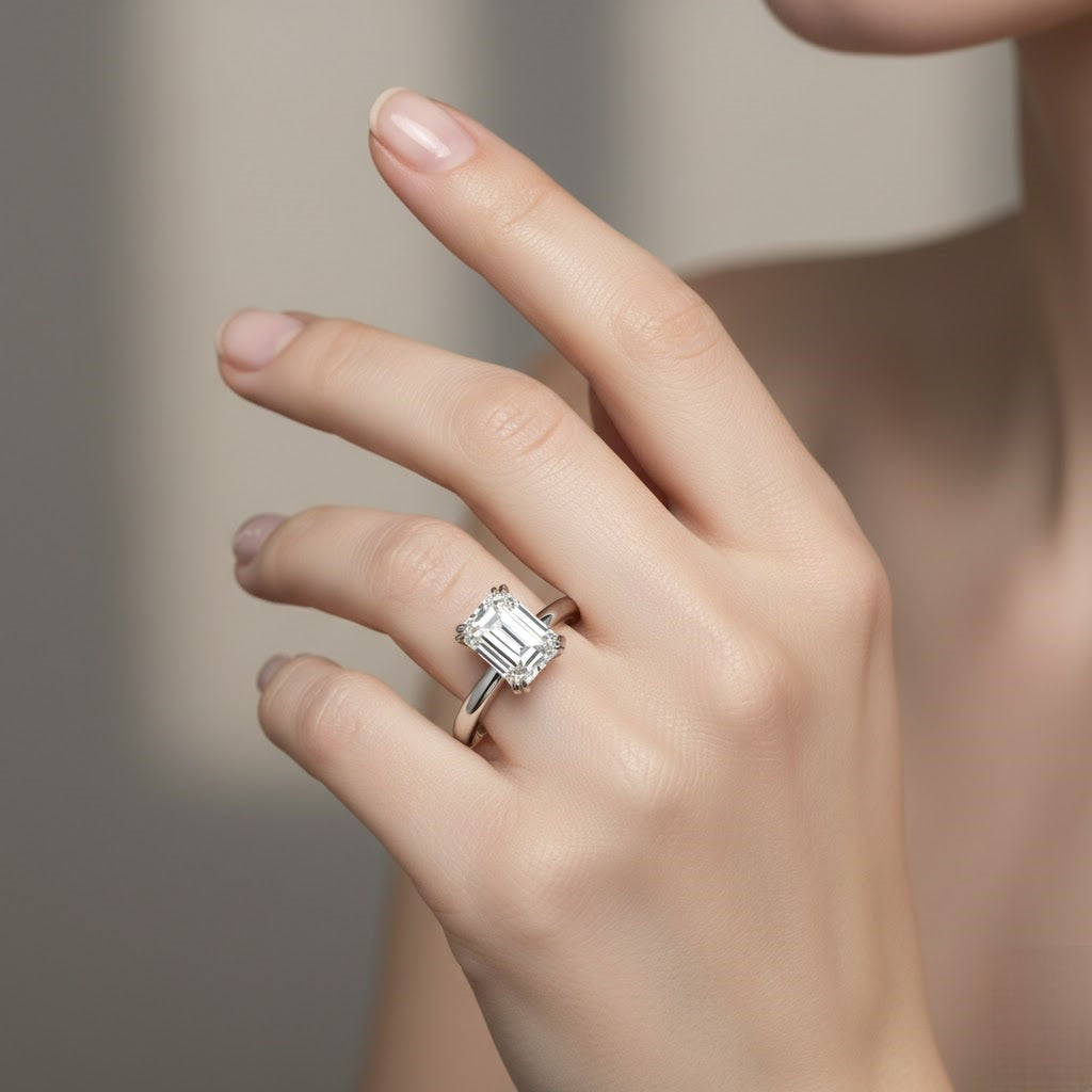 Elegant Emerald Cut Diamond Solitaire Ring in 10K/14K gold and platinum with certified lab-grown or natural diamonds