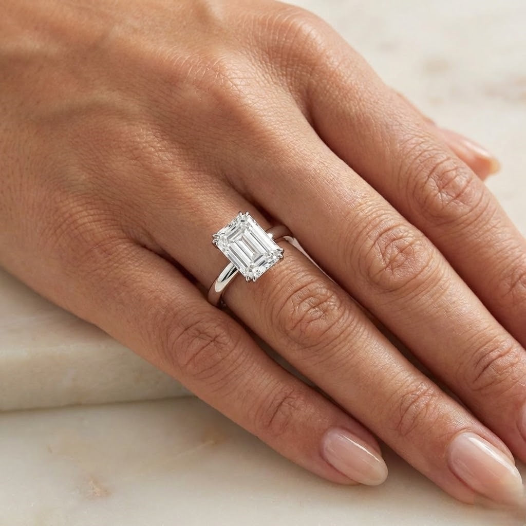 Emerald & Round Diamond Ring with Hidden Halo & Double Prong in 10K/14K gold and platinum with certified lab-grown or natural diamonds