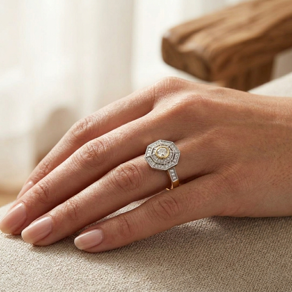 Art Deco Hexagon Multi Halo Diamond Ring 0.50ct in 10K/14K gold and platinum with certified lab-grown or natural diamonds