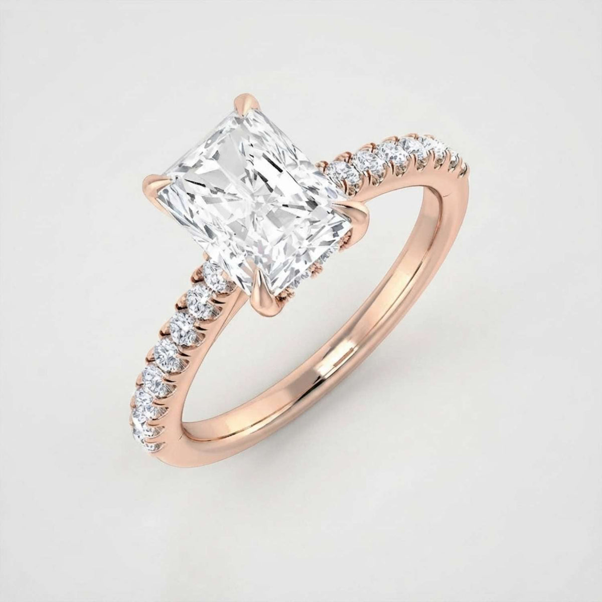 Radiant Cut Diamond Engagement Ring with Pave Diamond in 10K/14K gold and platinum with certified lab-grown or natural diamonds