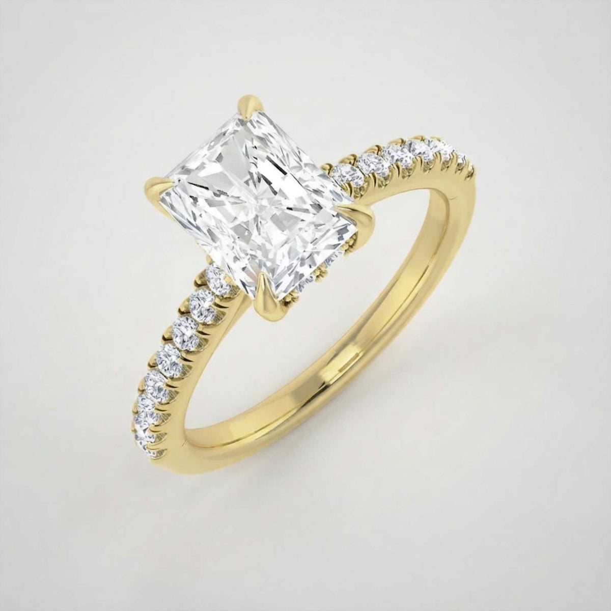Radiant Cut Diamond Engagement Ring with Pave Diamond in 10K/14K gold and platinum with certified lab-grown or natural diamonds